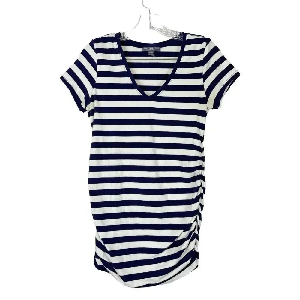 A Pea in the Pod Maternity Striped V-Neck Ruched Sides Tee Sz S White Blue - Picture 3 of 8